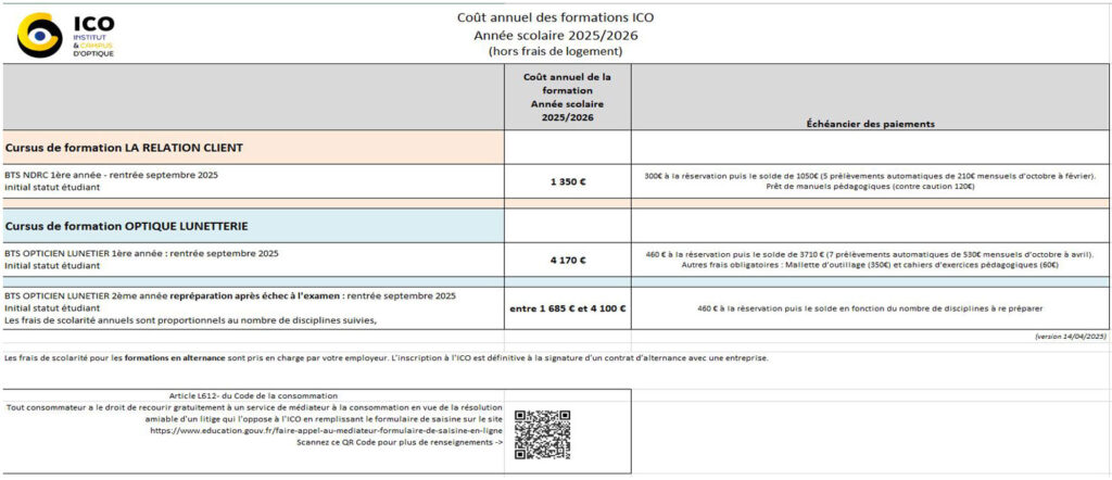 les tarifs des formations en initial statut étudiant à l'ICO école d'optique au sud de Paris