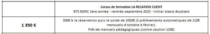 ce visuel reprend les tarifs du BTS NDRC de l'ICO école d'optique au sud de Paris