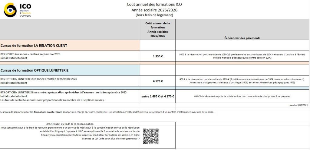 Tarifs des scolarités des formation en initial BTS opticien et BTS NDRC à l'ICO
